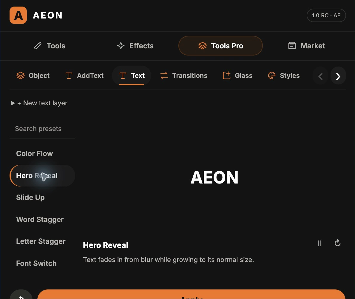 AEON Text panel, showing the Hero Reveal preset